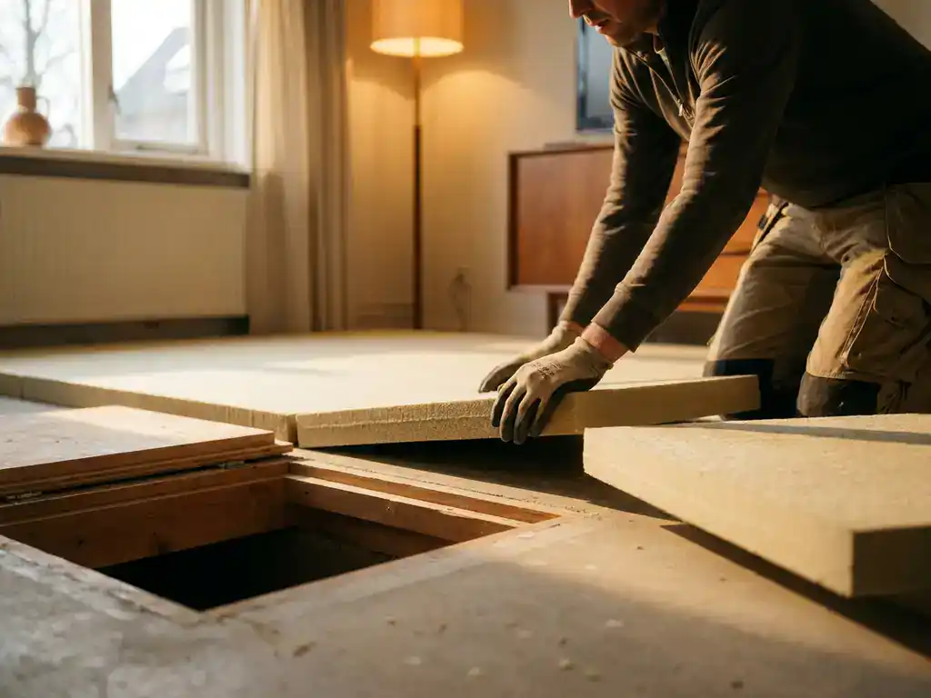 Installateur legt dikke isolatiepanelen op betonnen ondervloer in Nederlandse woning, kruipruimteluik zichtbaar op achtergrond.
