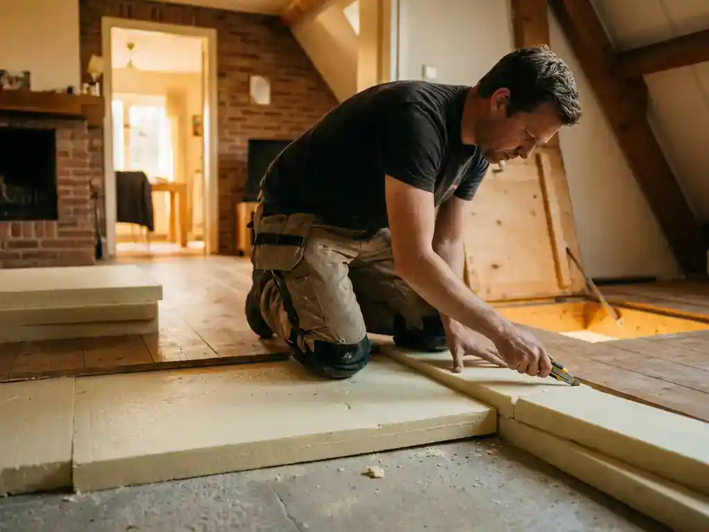 Installateur legt dikke isolatiepanelen op betonnen ondervloer in Nederlandse woning, met zichtbaar kruipruimteluik op achtergrond.