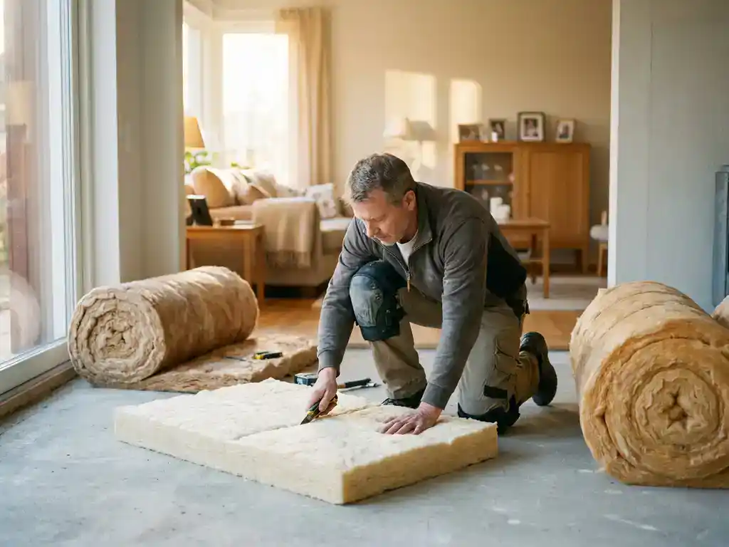 Installateur legt dikke isolatiepanelen op betonnen ondervloer in Nederlandse woning, rollen isolatiemateriaal op achtergrond.
