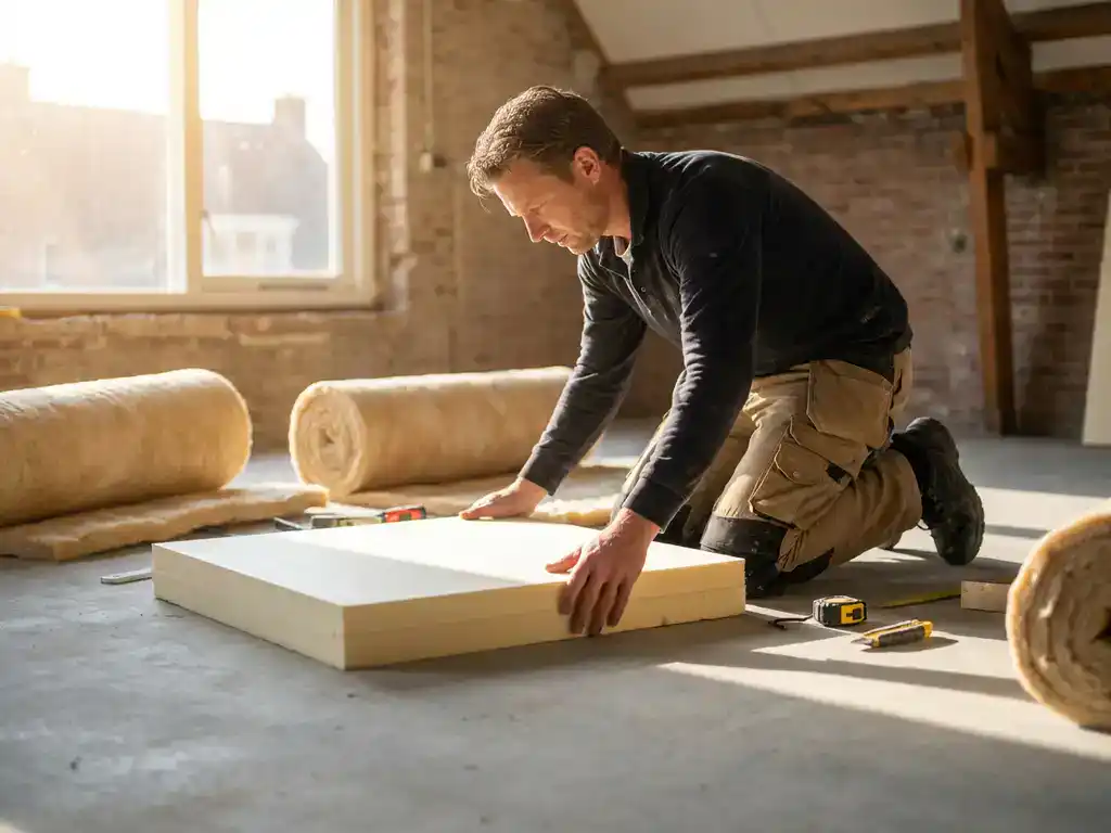 Installateur legt dikke isolatiepanelen op betonnen ondervloer in Nederlandse woning, vloerisolatie werk in uitvoering.