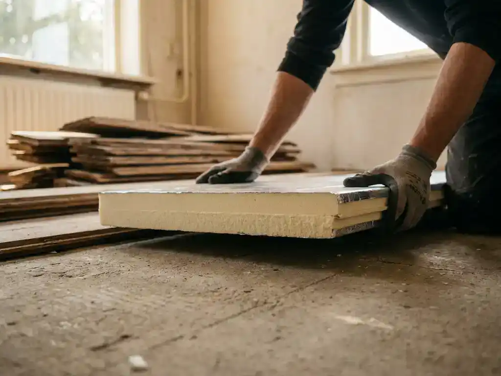 Installateur die een dikke plaat vloerisolatie op een betonnen ondervloer plaatst, met zichtbare dwarsdoorsnede en houten planken op de achtergrond.
