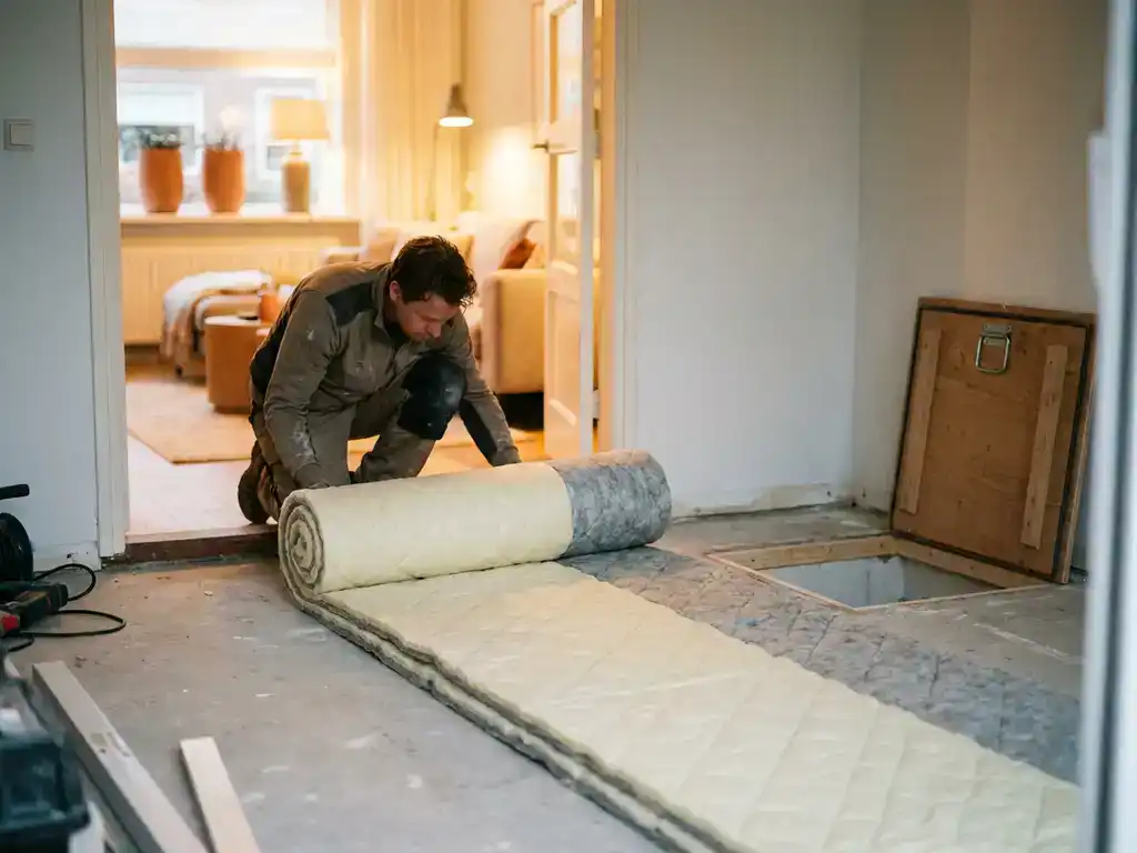 Isolatiemateriaal uitgerold over betonnen ondervloer in Nederlandse woning, met kruipruimteluik en warm licht vanuit aangrenzende kamer.