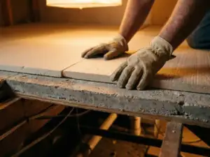 Gehandschoende handen die stijf isolatieschuim tegen een betonnen ondervloer drukken, met zichtbare kruipruimte en houten balken.