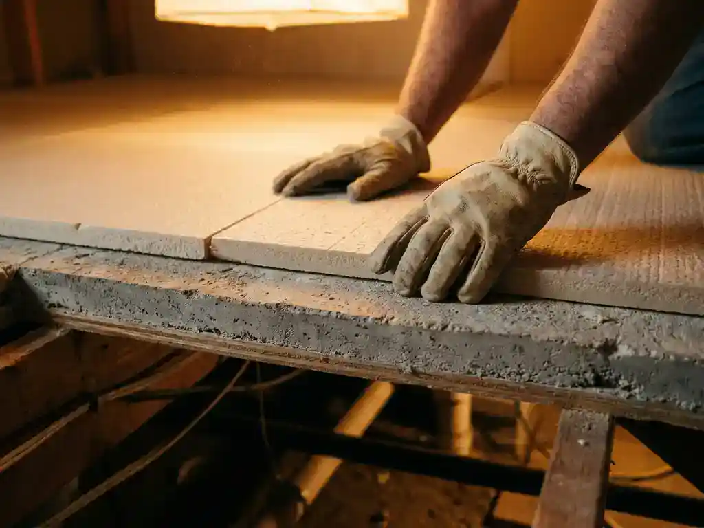 Gehandschoende handen die stijf isolatieschuim tegen een betonnen ondervloer drukken, met zichtbare kruipruimte en houten balken.