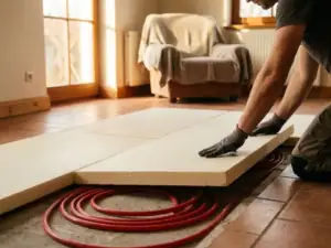 Vakman legt isolatieplaten op betonvloer met vloerverwarmingsbuizen zichtbaar, warme middaglichtsfeer in Nederlandse woonkamer.