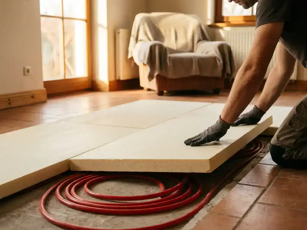 Vakman legt isolatieplaten op betonvloer met vloerverwarmingsbuizen zichtbaar, warme middaglichtsfeer in Nederlandse woonkamer.