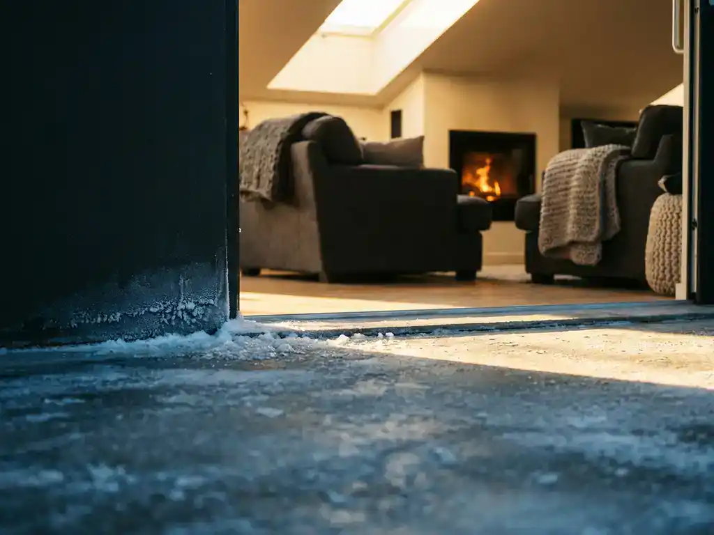 Betonnen vloer met rijp en condensatie aan de randen, warm gouden licht dat een thermische grens trekt naar een gezellige woonkamer.
