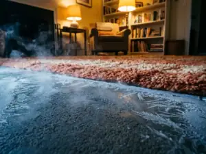 Ongeïsoleerde betonvloer met ijspatronen langs de randen, scherp contrasterend met een warm verlicht woonkamer interieur en pluizig tapijt.