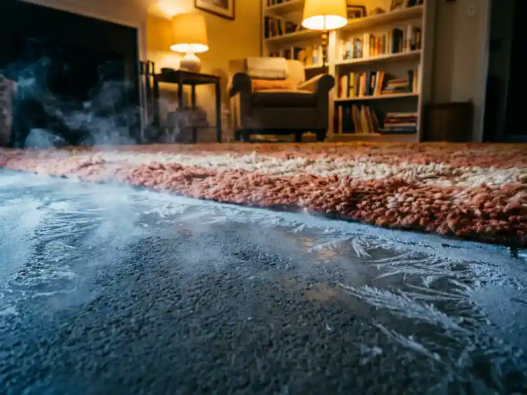 Ongeïsoleerde betonvloer met ijspatronen langs de randen, scherp contrasterend met een warm verlicht woonkamer interieur en pluizig tapijt.