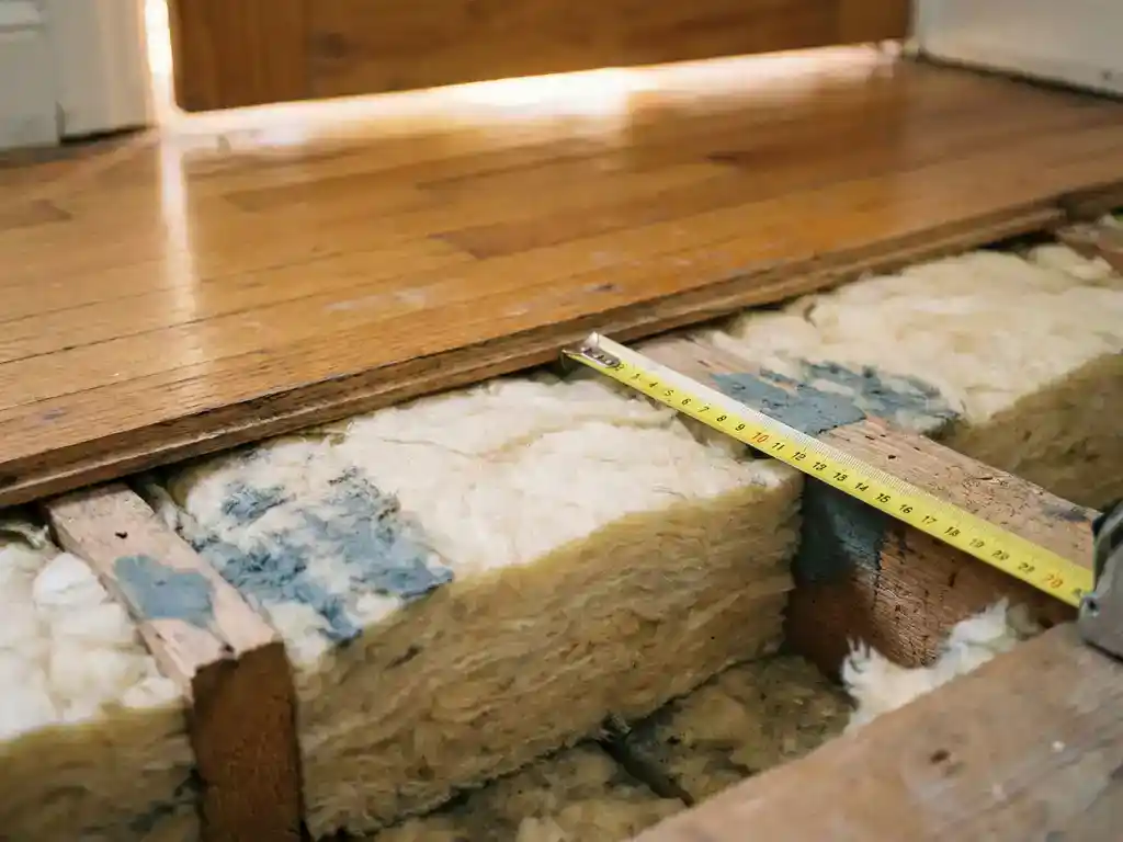 Dwarsdoorsnede van vloerisolatie tussen houten balkjes onder eiken vloerdelen, meetlint toont isolatiedikte.