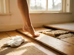 Blote voet op warm houten vloer in Nederlandse woning, vloerisolatie zichtbaar onder opgetild vloerpaneel op achtergrond.