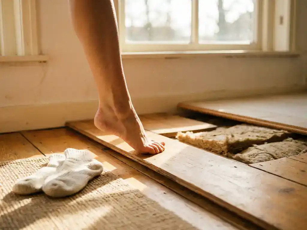 Blote voet op warm houten vloer in Nederlandse woning, vloerisolatie zichtbaar onder opgetild vloerpaneel op achtergrond.