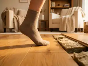 Blote voet op warm houten vloer met isolatiemateriaal zichtbaar onder opgetild vloerpaneel in gezellige woonkamer.
