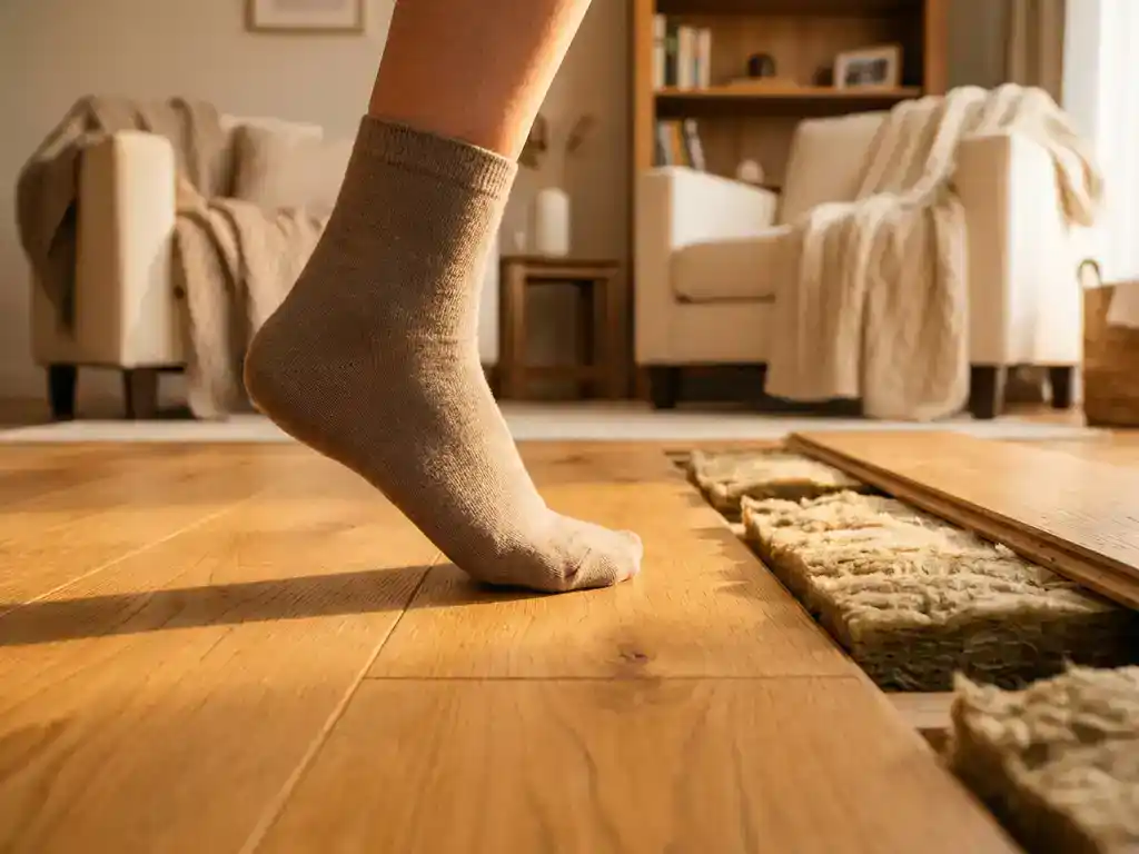 Blote voet op warm houten vloer met isolatiemateriaal zichtbaar onder opgetild vloerpaneel in gezellige woonkamer.
