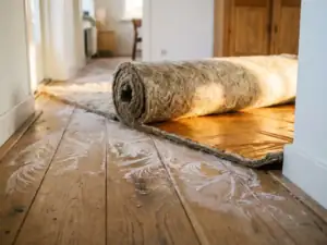 Koudebrug op houten vloer met gedeeltelijk uitgerolde isolatiemat in Nederlandse woning, warm amberkleurig ondervloer zichtbaar.