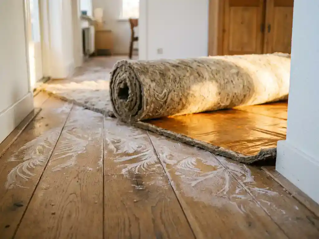 Koudebrug op houten vloer met gedeeltelijk uitgerolde isolatiemat in Nederlandse woning, warm amberkleurig ondervloer zichtbaar.