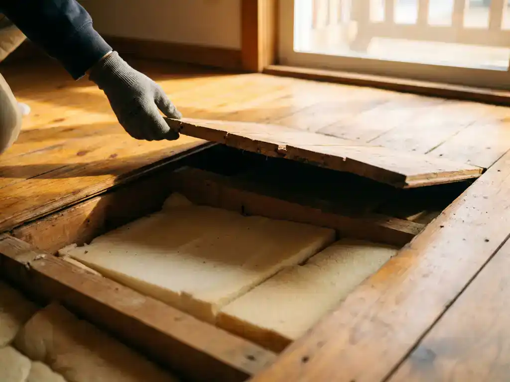 Dwarsdoorsnede van een houten vloer met dikke schuimisolatiepanelen eronder, verlicht door warm goudkleurig licht.