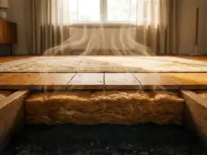 Dwarsdoorsnede van houten vloer met dikke isolatie in Nederlands woonkamer, warme amber tinten en zacht natuurlijk licht.