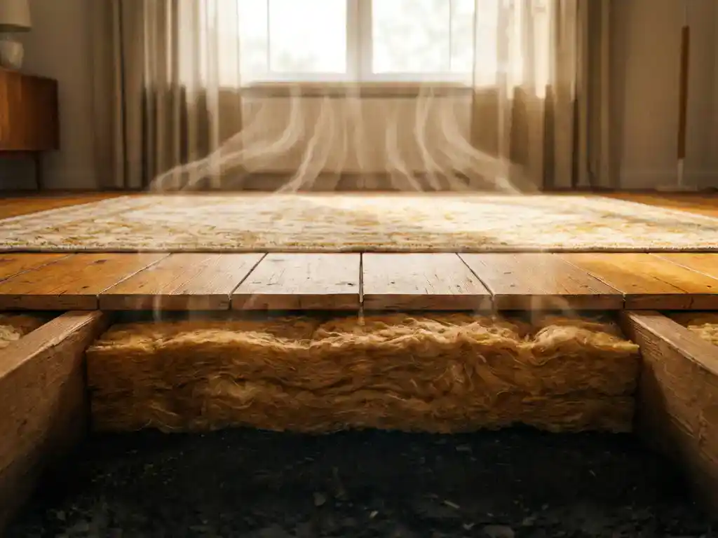 Dwarsdoorsnede van houten vloer met dikke isolatie in Nederlands woonkamer, warme amber tinten en zacht natuurlijk licht.