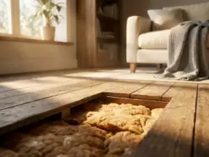 Houten vloer met doorgesneden sectie die dikke isolatie eronder toont, warm goudkleurig licht van een laag raam in een gezellige woonkamer.