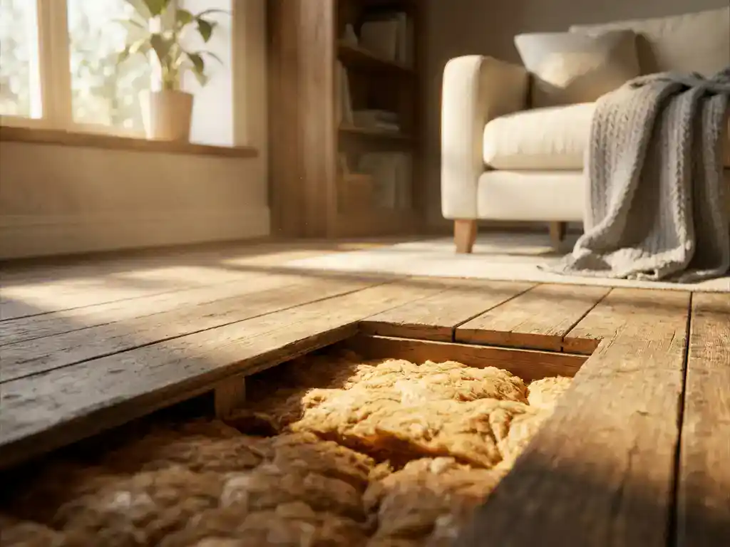 Houten vloer met doorgesneden sectie die dikke isolatie eronder toont, warm goudkleurig licht van een laag raam in een gezellige woonkamer.