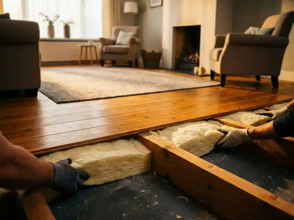 Dwarsdoorsnede van vloerisolatie onder houten planken in Nederlandse woning, met crèmekleurig isolatieschuim en warme woonkamer erboven.