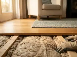 Vloerisolatie aangebracht onder eiken houten vloer in gezellige Nederlandse woonkamer met warm ochtendlicht.