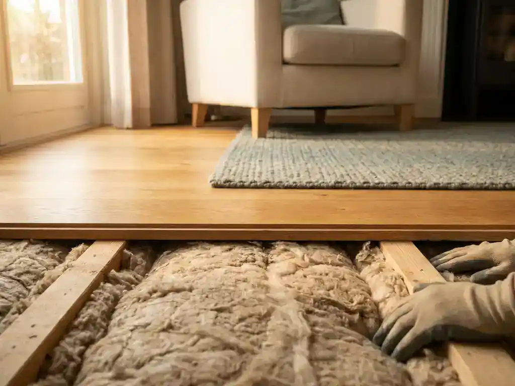 Vloerisolatie aangebracht onder eiken houten vloer in gezellige Nederlandse woonkamer met warm ochtendlicht.