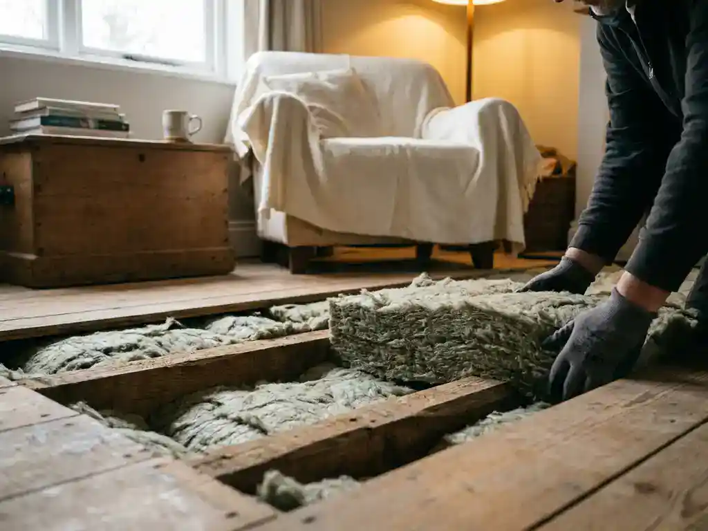 Dikke isolatieplaat onder houten vloerdelen in warme woonkamer met natuurlijk licht.
