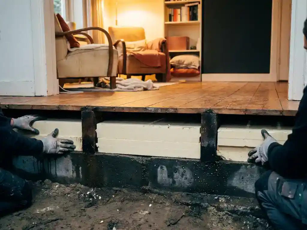 Dwarsdoorsnede van vloerisolatie onder houten planken in Nederlandse woning, warme woonkamer zichtbaar daarboven.