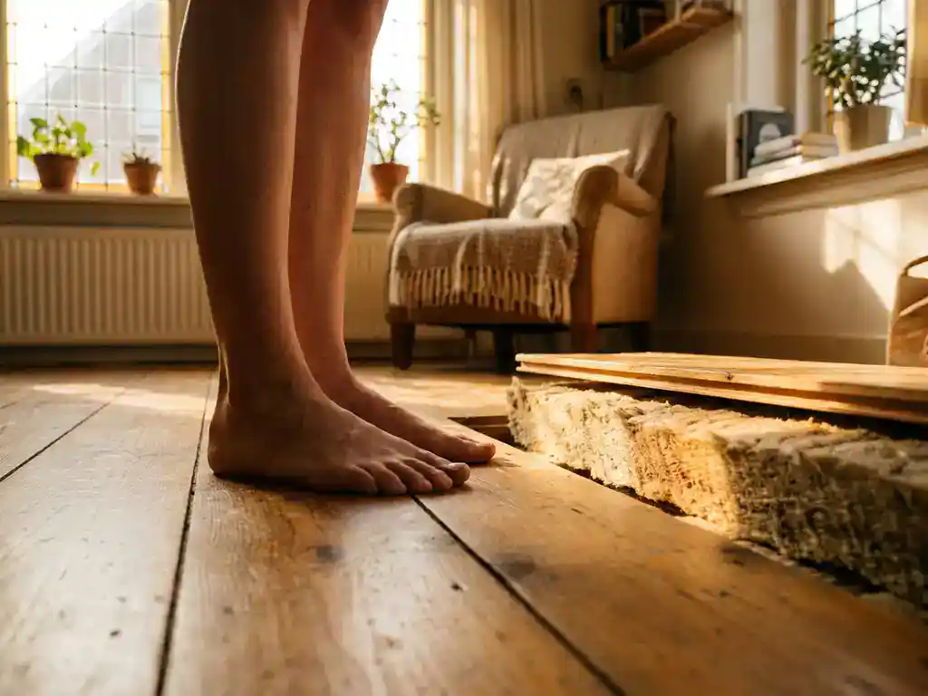Blote voeten op houten vloer in Nederlandse woonkamer, isolatieplaat zichtbaar onder opgetilde plank, warm ochtendlicht.