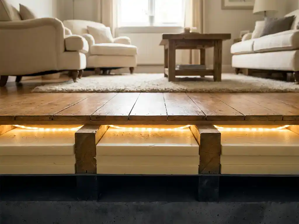 Dwarsdoorsnede van houten vloer met dikke isolatiepanelen onder eiken planken in een warme woonkamer.