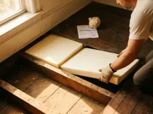 Installateur met handschoenen plaatst dikke isolatiepanelen onder houten vloer, met energierekening en spaarpot zichtbaar bovenop.