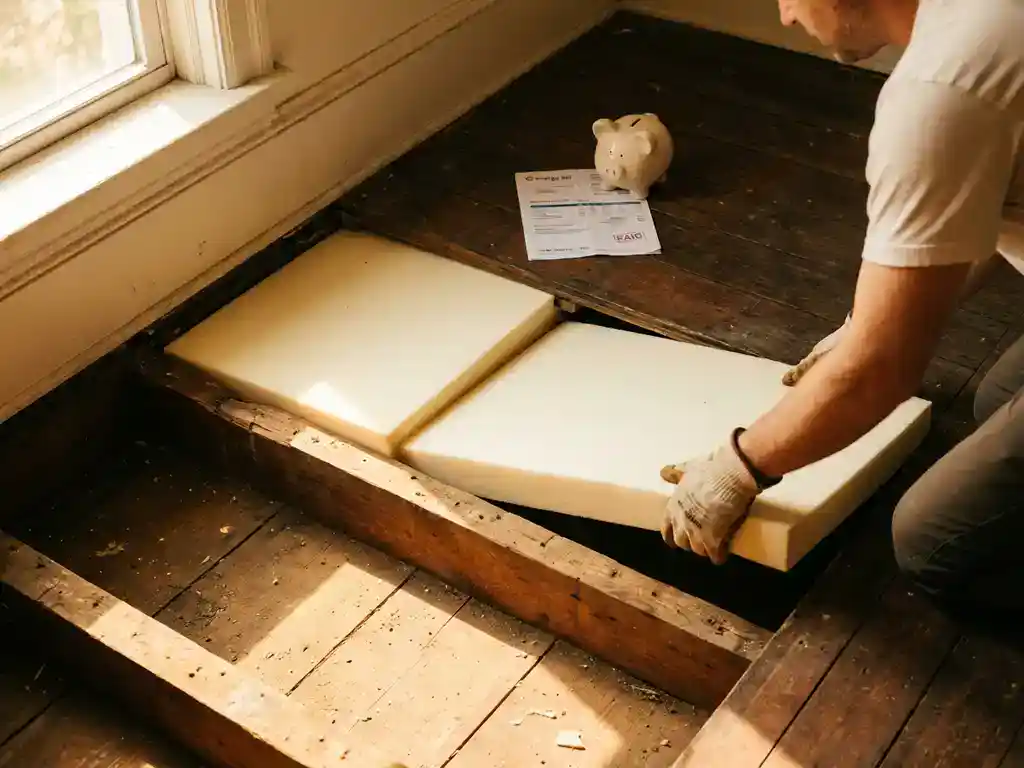 Installateur met handschoenen plaatst dikke isolatiepanelen onder houten vloer, met energierekening en spaarpot zichtbaar bovenop.