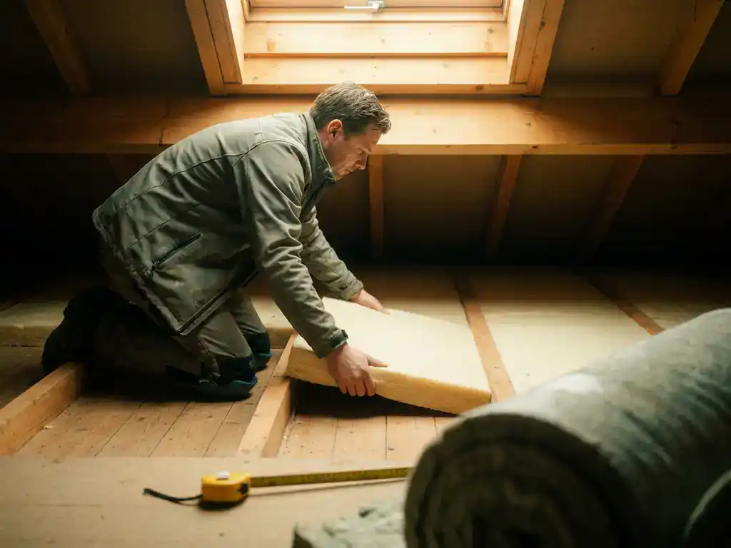 Installateur legt dikke isolatiepanelen onder een houten ondervloer in Nederlandse woning, meetlint en isolatiemateriaal op voorgrond.