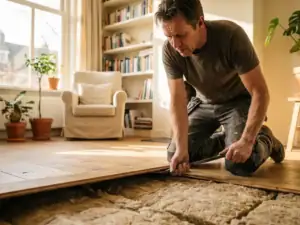 Installateur tilt houten vloerplank op om isolatiemateriaal te plaatsen in gezellige Nederlandse woonkamer met warm middaglicht.
