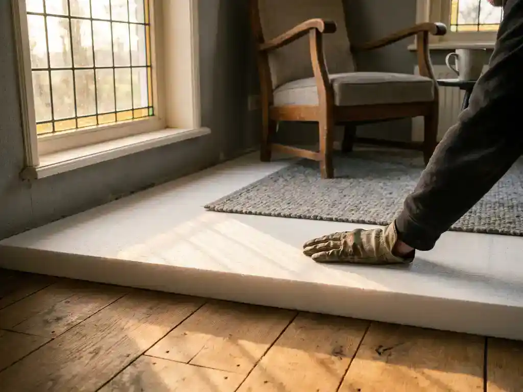 Vakman legt isolatieplaat op houten ondervloer in Nederlandse woning, warm natuurlijk licht vanuit raam.