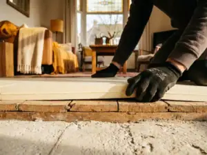 Isolatieplaat van hard schuim die stevig tegen een houten ondervloer in een Nederlandse woning wordt gedrukt, met warme woonkamer op achtergrond.
