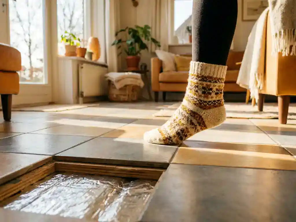 Persoon met wollen sokken op warme keramische tegelvloer in Nederlandse woning met zichtbare vloerisolatie en ochtendlicht.
