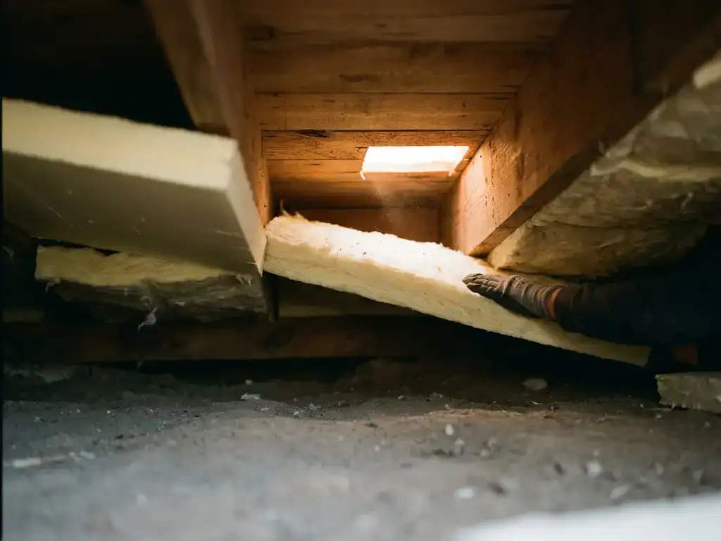Dikke isolatiepanelen tussen houten vloerbalken in een kruipruimte, verlicht door warm amber licht van bovenaf.