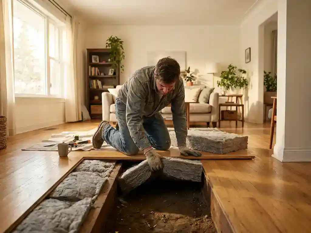 Huiseigenaar legt isolatiemateriaal aan in kruipruimte onder opgetild houten vloerpaneel, warm verlicht woonkamer interieur.