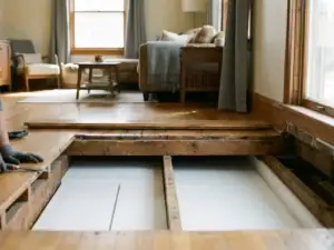 Dwarsdoorsnede van een Nederlandse woonkamer met opgetilde houten vloer en wit geïsoleerde kruipruimte met zichtbare grenenhouten balken.
