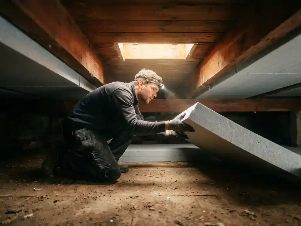Installateur legt dikke isolatiepanelen onder houten vloer in kruipruimte van Nederlandse woning, verlicht door toegangsluik.