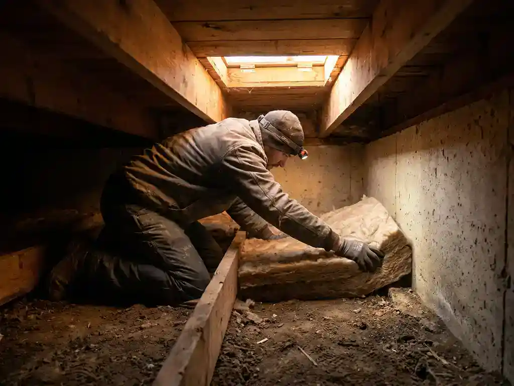 Installateur die isolatiemateriaal aanbrengt onder een houten vloer in een kruipruimte, zichtbare betonnen fundering en houten balken.