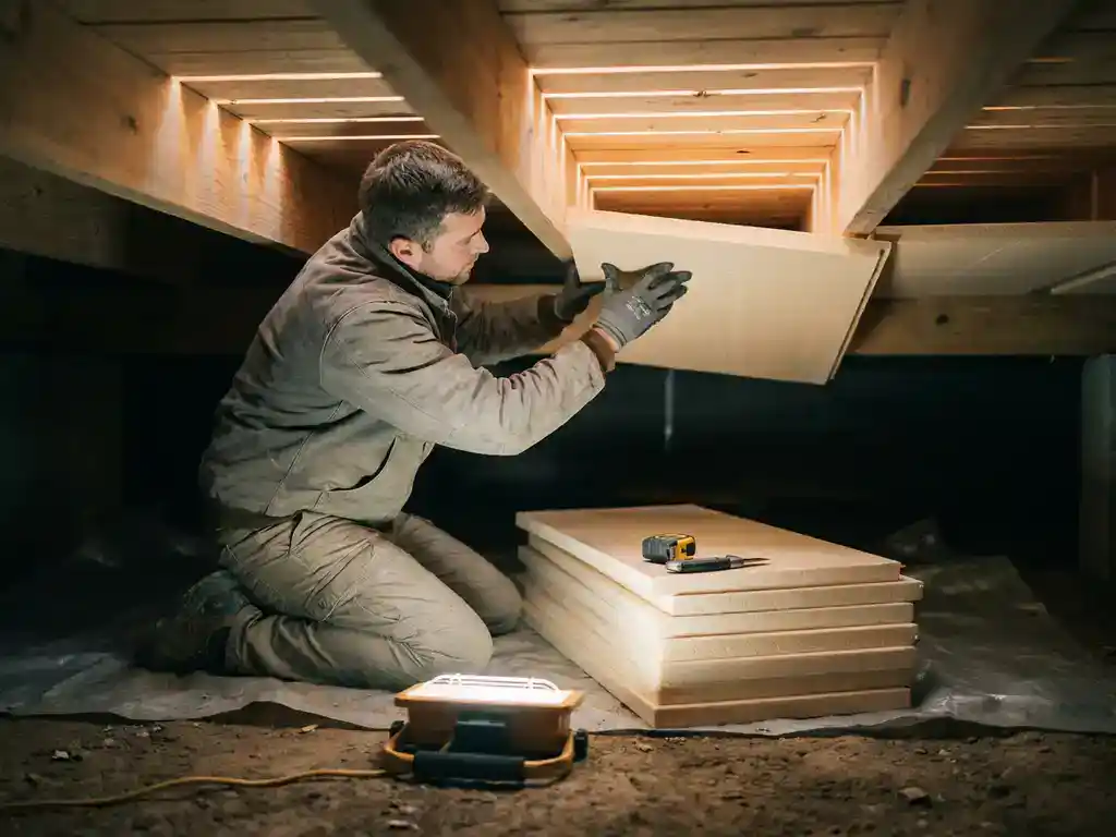 Installateur die isolatieplaten aanbrengt onder een houten vloer in een kruipruimte, warm licht filtert door de vloerspleten.