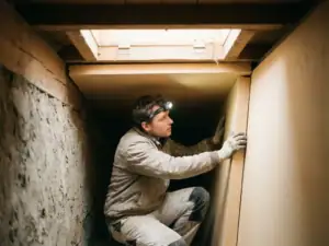 Installateur brengt isolatieplaten aan op de vloer van een kruipruimte onder een Nederlandse rijtjeswoning.