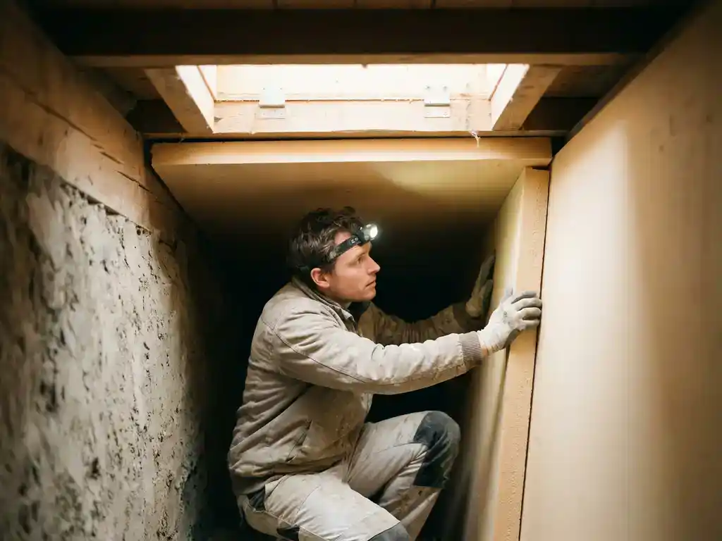 Installateur brengt isolatieplaten aan op de vloer van een kruipruimte onder een Nederlandse rijtjeswoning.