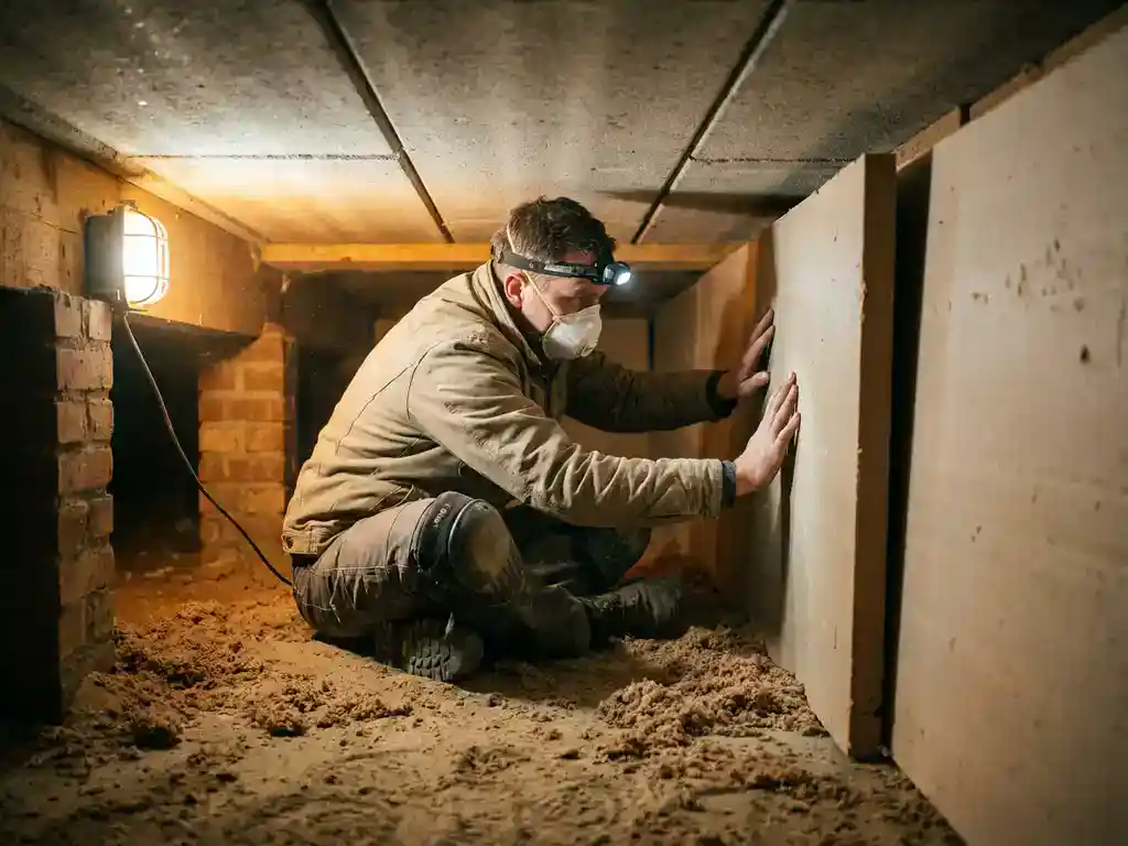 Installateur plaatst isolatiepanelen tegen betonvloer in kruipruimte onder Nederlandse rijtjeswoning, omgeven door stof en amberkleurig werklicht.