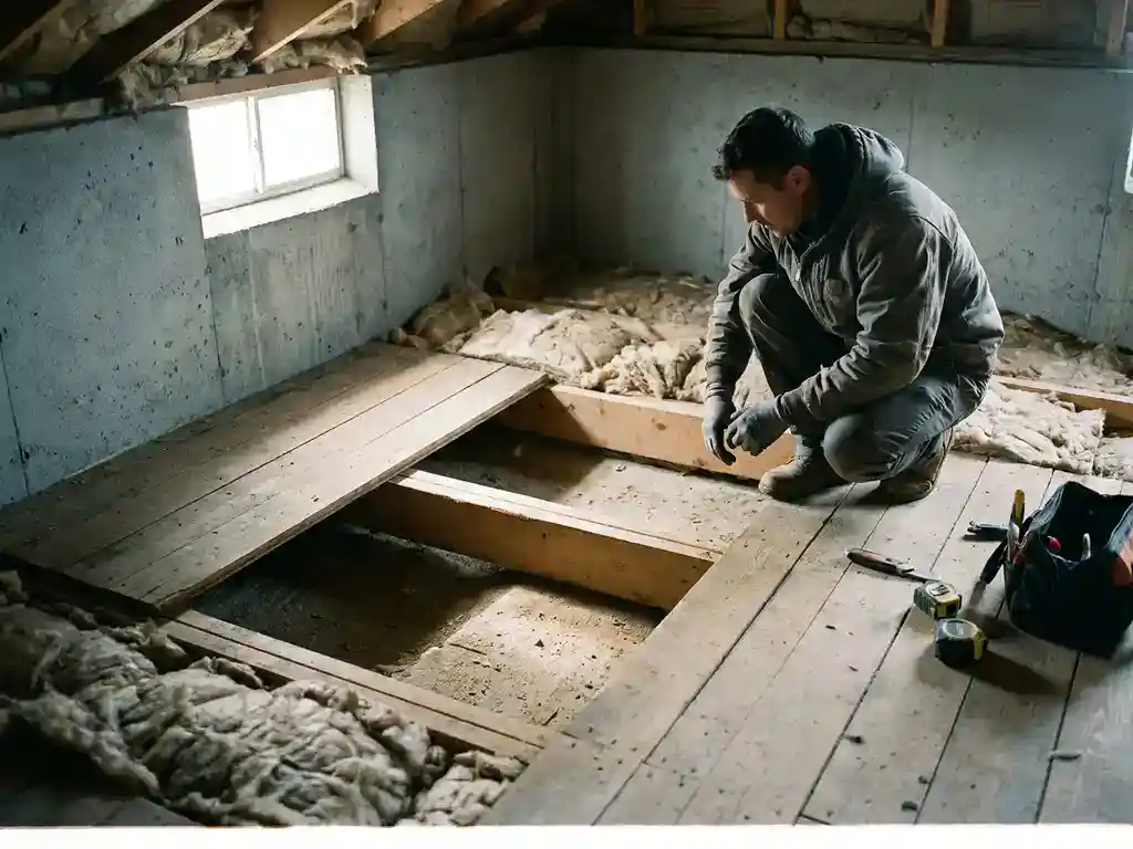 Aannemer plaatst isolatiemateriaal in kruipruimte onder gelichte vloer, natuurlijk daglicht via ventilatieopening.