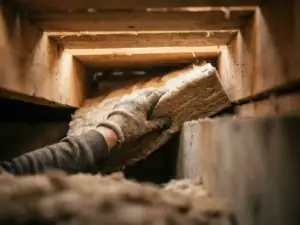 Installateur plaatst isolatiemateriaal tegen houten vloerconstructie in kruipruimte, met zichtbare vloerbalken en betonnen funderingsmuren.